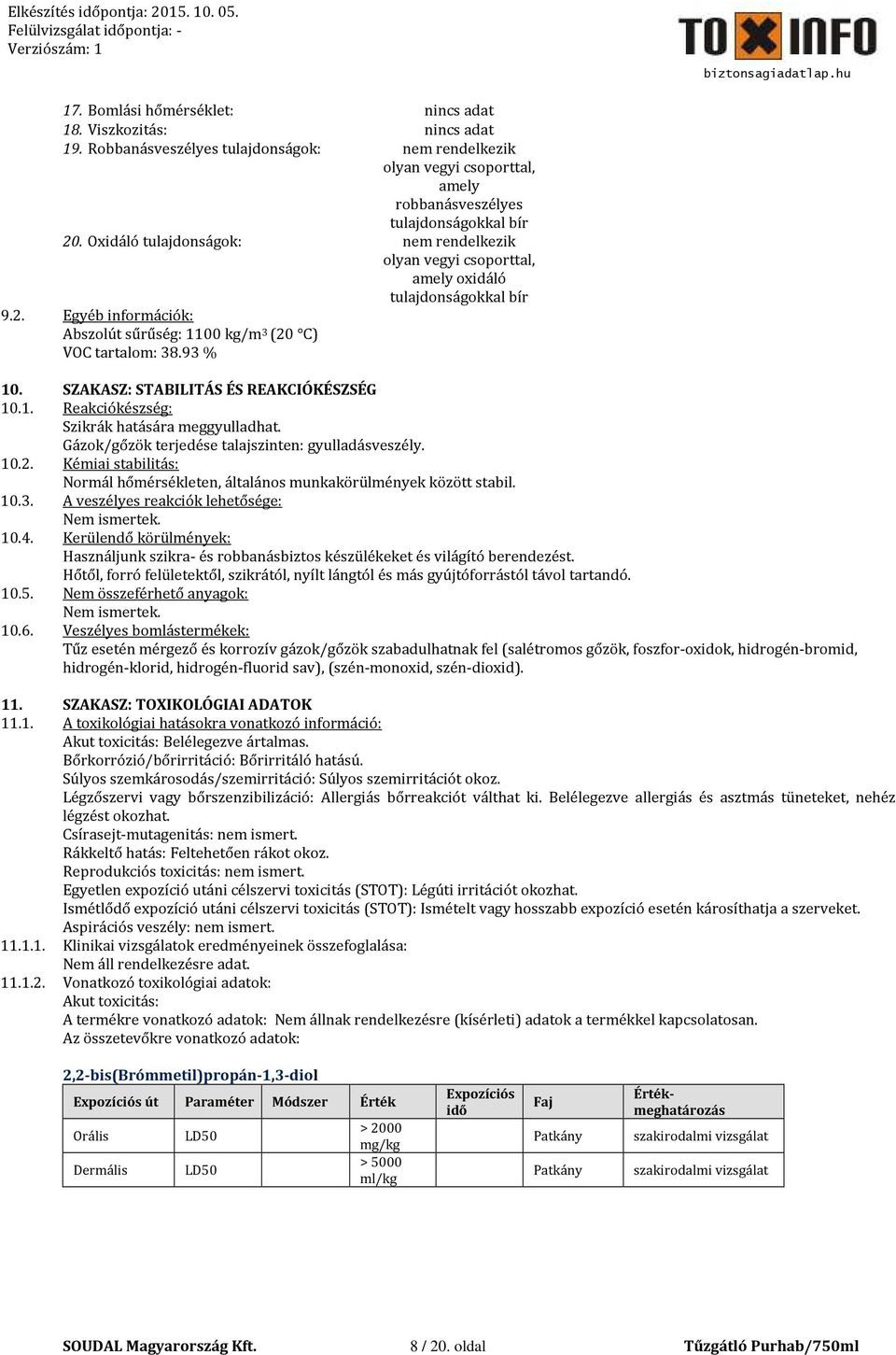 Oxidáló tulajdonságok: nem rendelkezik olyan vegyi csoporttal, amely oxidáló tulajdonságokkal bír 9.2. Egyéb információk: Abszol sűrűség: 1100 kg/m 3 (20 C) VOC tartalom: 38.93 % 10.