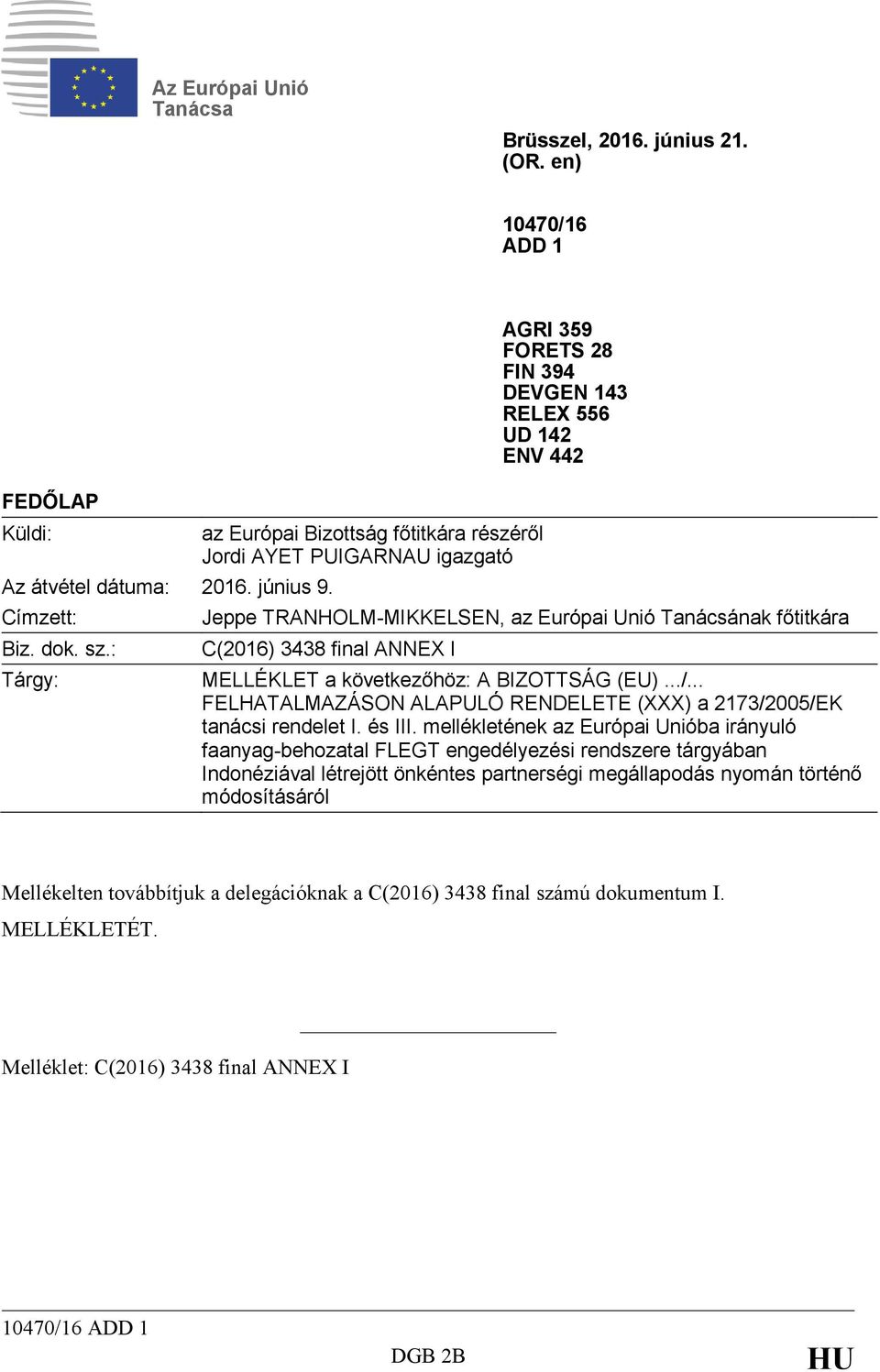C(2016) 3438 final ANNEX I Tárgy: MELLÉKLET a következőhöz: A BIZOTTSÁG (EU).../... FELHATALMAZÁSON ALAPULÓ RENDELETE (XXX) a 2173/2005/EK tanácsi rendelet I. és III.