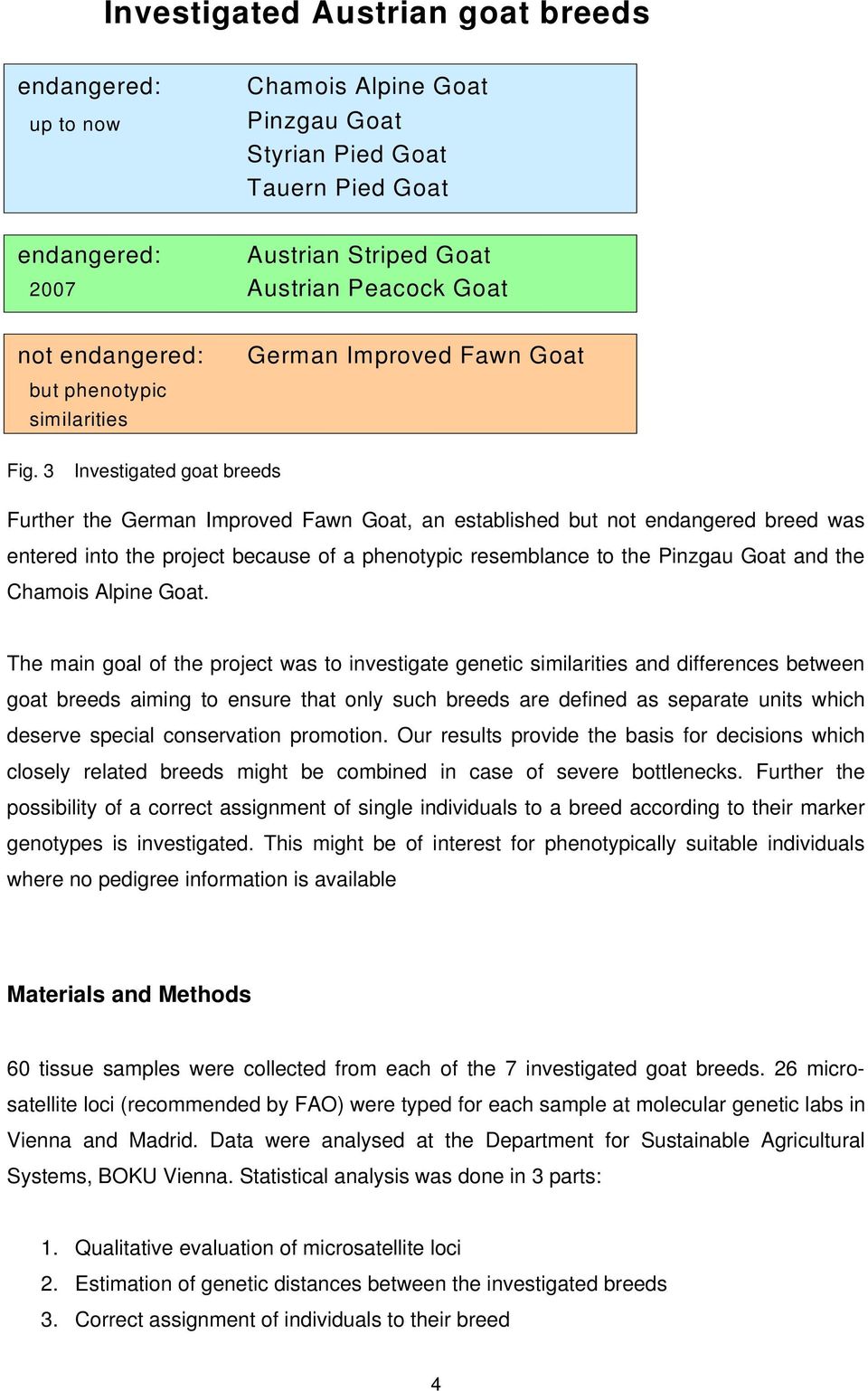 3 Investigated goat breeds Further the German Improved Fawn Goat, an established but not endangered breed was entered into the project because of a phenotypic resemblance to the Pinzgau Goat and the