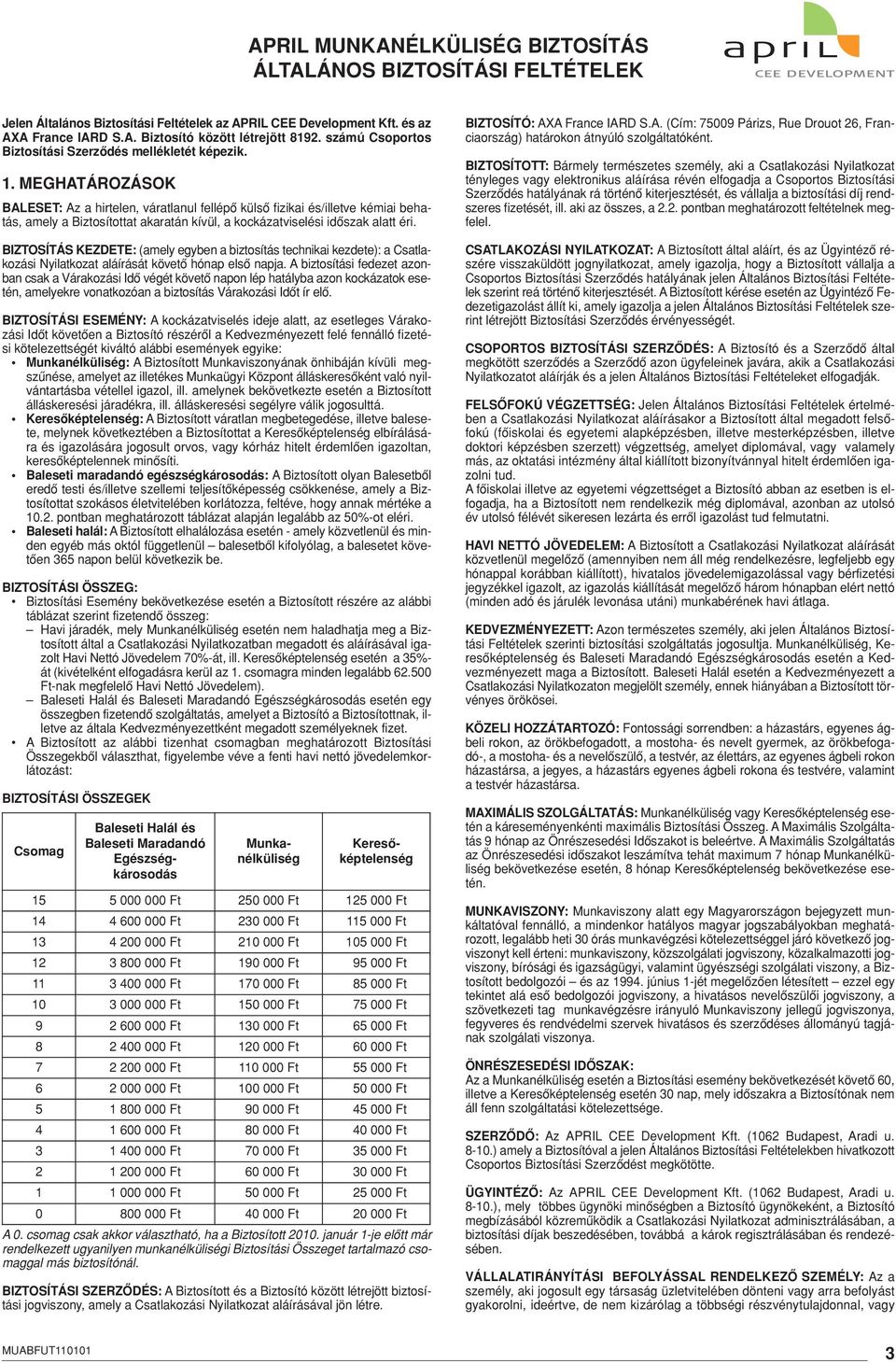 MEGHATÁROZÁSOK BALESET: Az a hirtelen, váratlanul fellépô külsô fizikai és/illetve kémiai behatás, amely a Biztosítottat akaratán kívül, a kockázatviselési idôszak alatt éri.