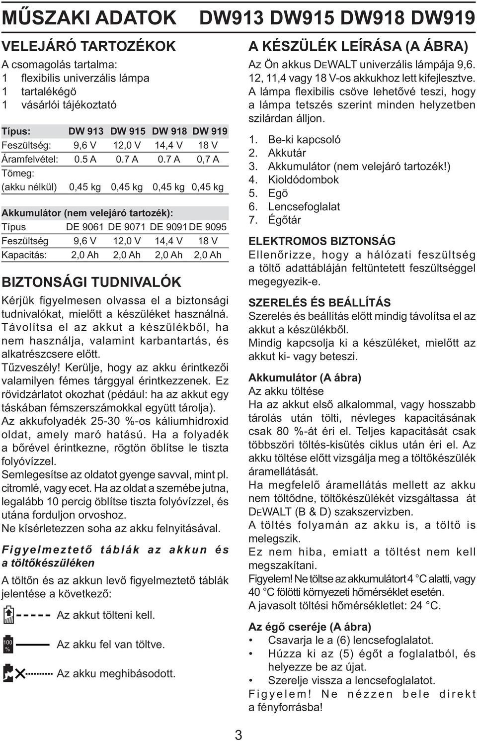 7 A 0,7 A Tömeg: (akku nélkül) 0,45 kg 0,45 kg 0,45 kg 0,45 kg Akkumulátor (nem velejáró tartozék): Típus DE 9061 DE 9071 DE 9091 DE 9095 Feszültség 9,6 V 12,0 V 14,4 V 18 V Kapacitás: 2,0 Ah 2,0 Ah