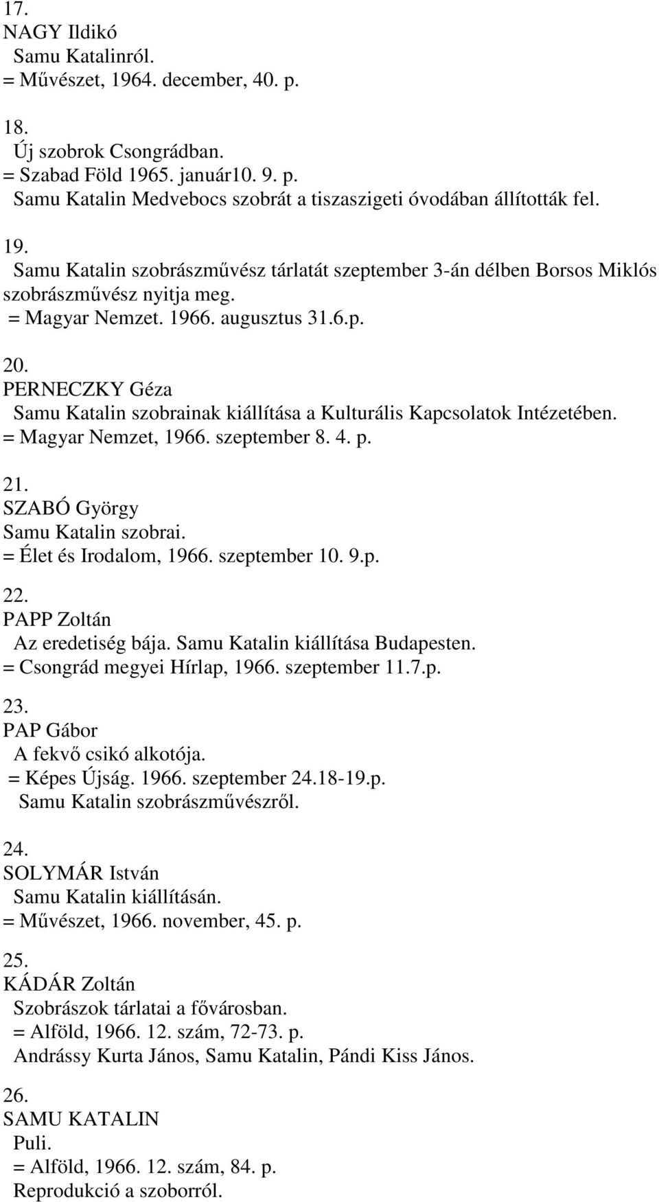 PERNECZKY Géza Samu Katalin szobrainak kiállítása a Kulturális Kapcsolatok Intézetében. = Magyar Nemzet, 1966. szeptember 8. 4. p. 21. SZABÓ György Samu Katalin szobrai. = Élet és Irodalom, 1966.