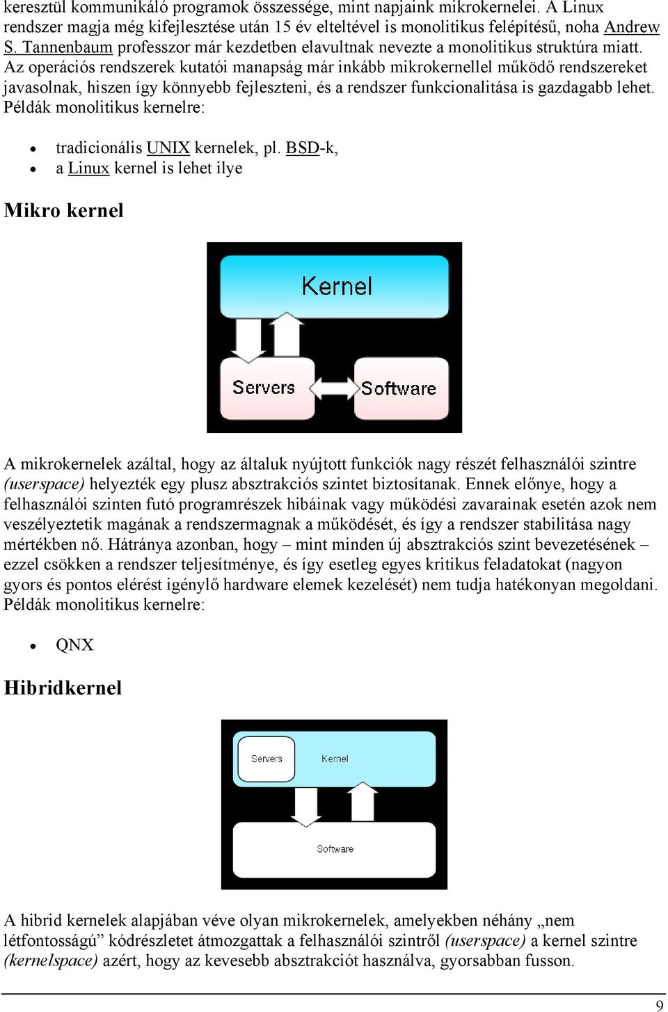 Az operációs rendszerek kutatói manapság már inkább mikrokernellel működő rendszereket javasolnak, hiszen így könnyebb fejleszteni, és a rendszer funkcionalitása is gazdagabb lehet.