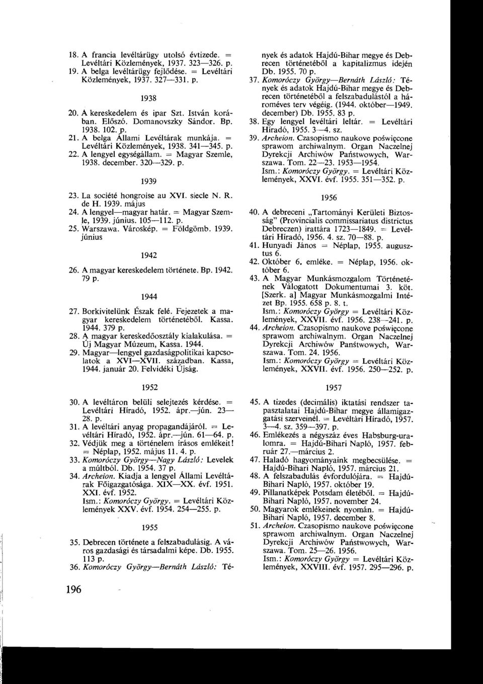 La société hongroise au XVI siecle N R de H 1939 május 24 A lengyel-magyar határ = Magyar Szemle, 1939 június 105-112 p 25 Warszawa Városkép = Földgömb 1939 június 1942 26 A magyar kereskedelem