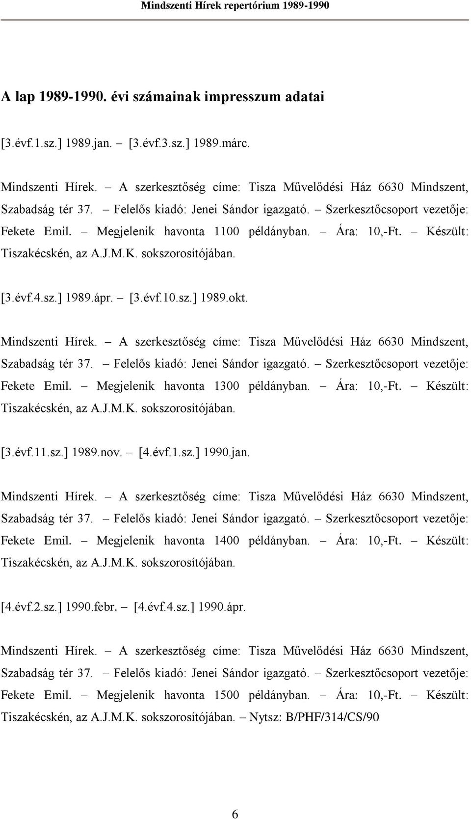 ápr. [3.évf.10.sz.] 1989.okt. Mindszenti Hírek. A szerkesztőség címe: Tisza Művelődési Ház 6630 Mindszent, Szabadság tér 37. Felelős kiadó: Jenei Sándor igazgató.