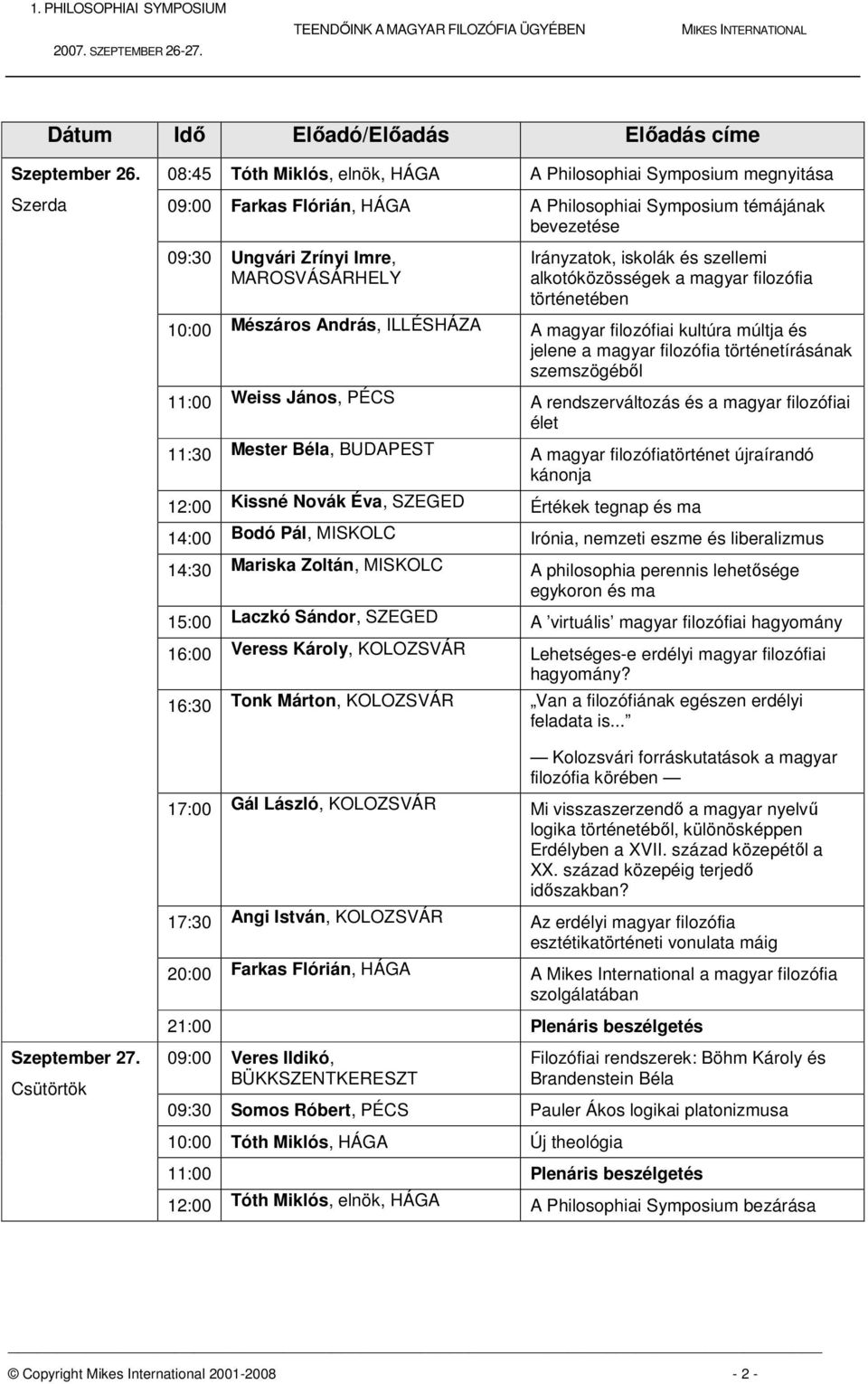 Irányzatok, iskolák és szellemi alkotóközösségek a magyar filozófia történetében 10:00 Mészáros András, ILLÉSHÁZA A magyar filozófiai kultúra múltja és jelene a magyar filozófia történetírásának