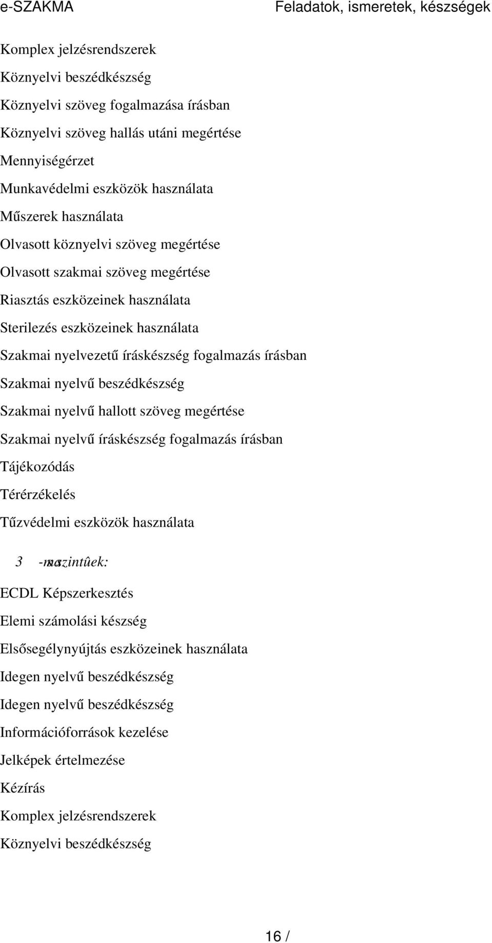 fogalmazás írásban Szakmai nyelv ű beszédkészség Szakmai nyelv ű hallott szöveg megértése Szakmai nyelv ű íráskészség fogalmazás írásban Tájékozódás Térérzékelés Tűzvédelmi eszközök használata 3 -mas