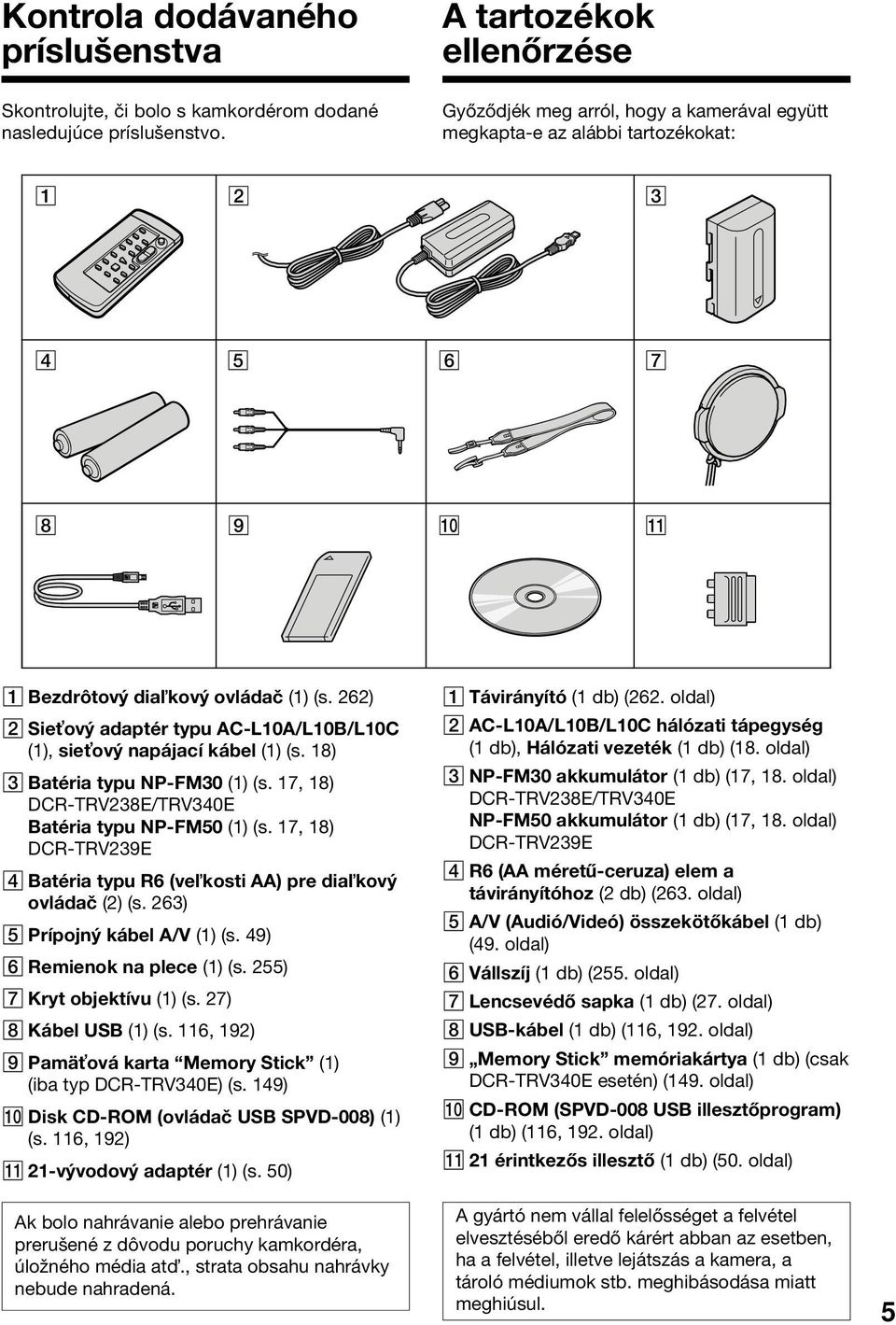 262) 2 Sie ový adaptér typu AC-L10A/L10B/L10C (1), sie ový napájací kábel (1) (s. 18) 3 Batéria typu NP-FM30 (1) (s. 17, 18) DCR-TRV238E/TRV340E Batéria typu NP-FM50 (1) (s.