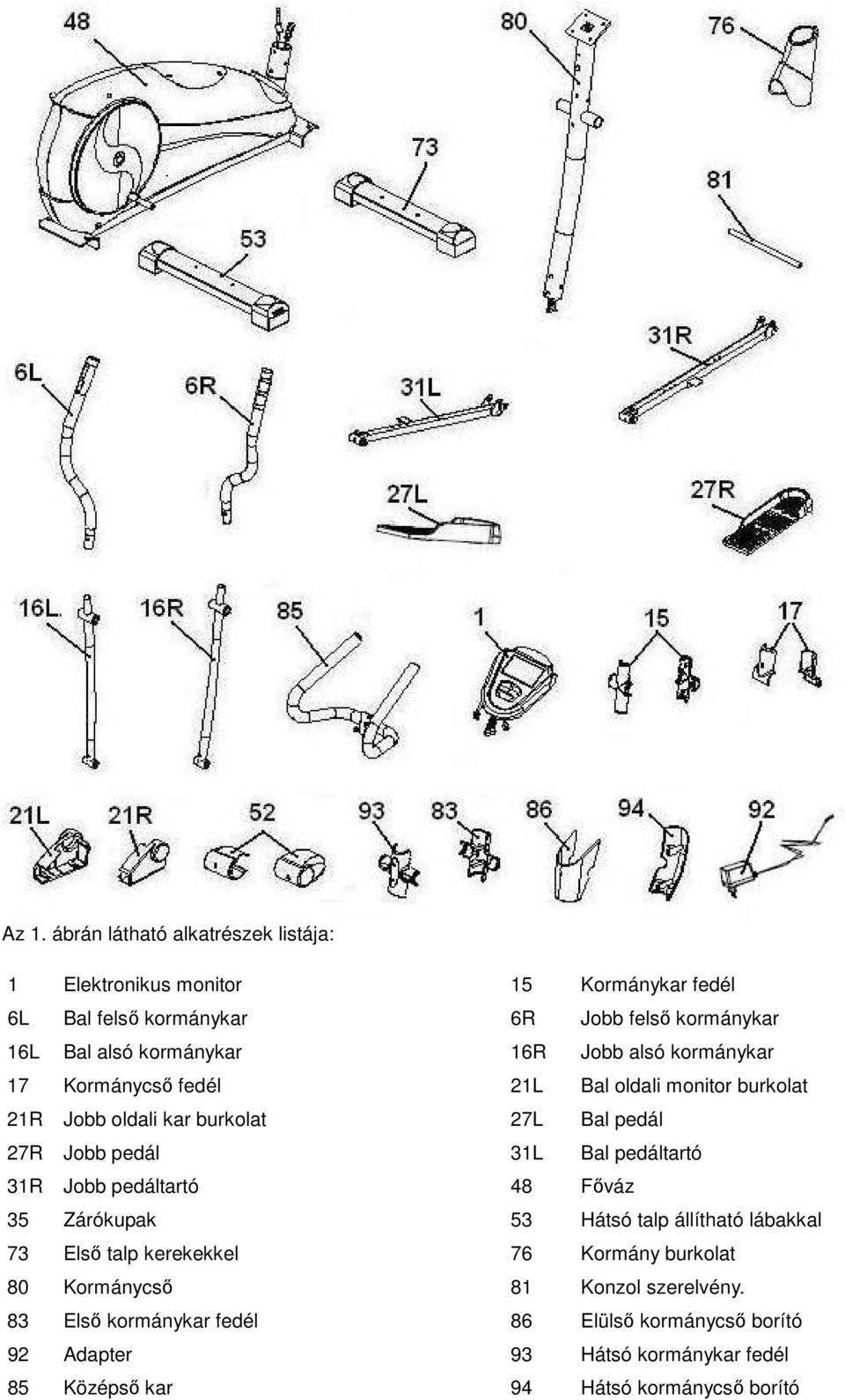 Bal pedáltartó 31R Jobb pedáltartó 48 Főváz 35 Zárókupak 53 Hátsó talp állítható lábakkal 73 Első talp kerekekkel 76 Kormány burkolat 80 Kormánycső