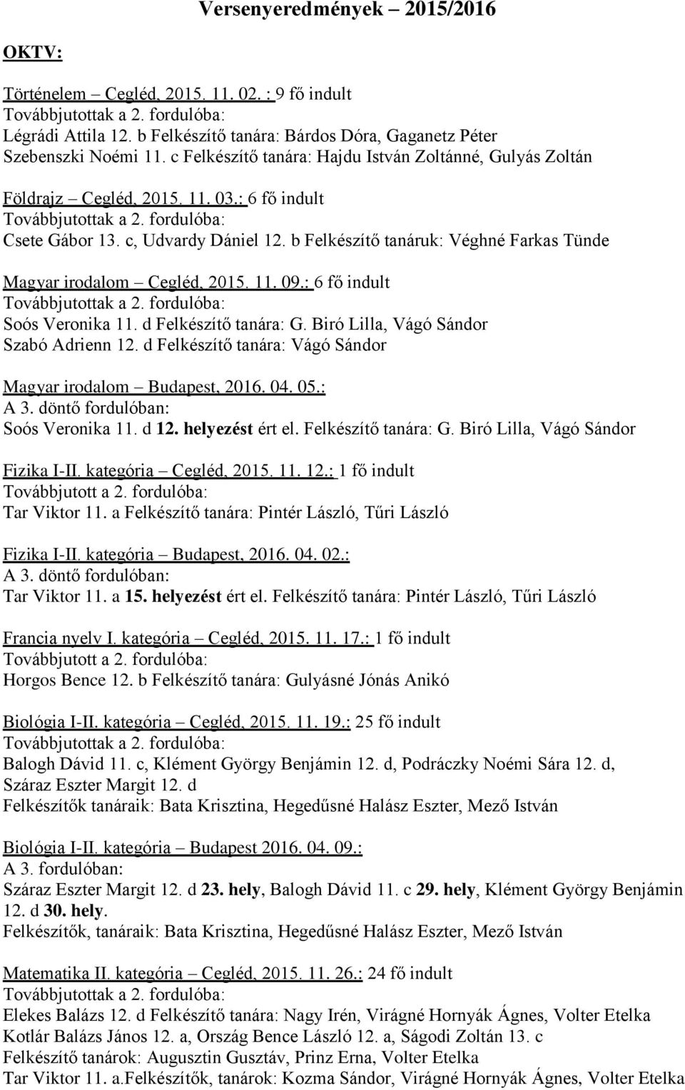 b Felkészítő tanáruk: Véghné Farkas Tünde Magyar irodalom Cegléd, 2015. 11. 09.: 6 fő indult Soós Veronika 11. d Felkészítő tanára: G. Biró Lilla, Vágó Sándor Szabó Adrienn 12.