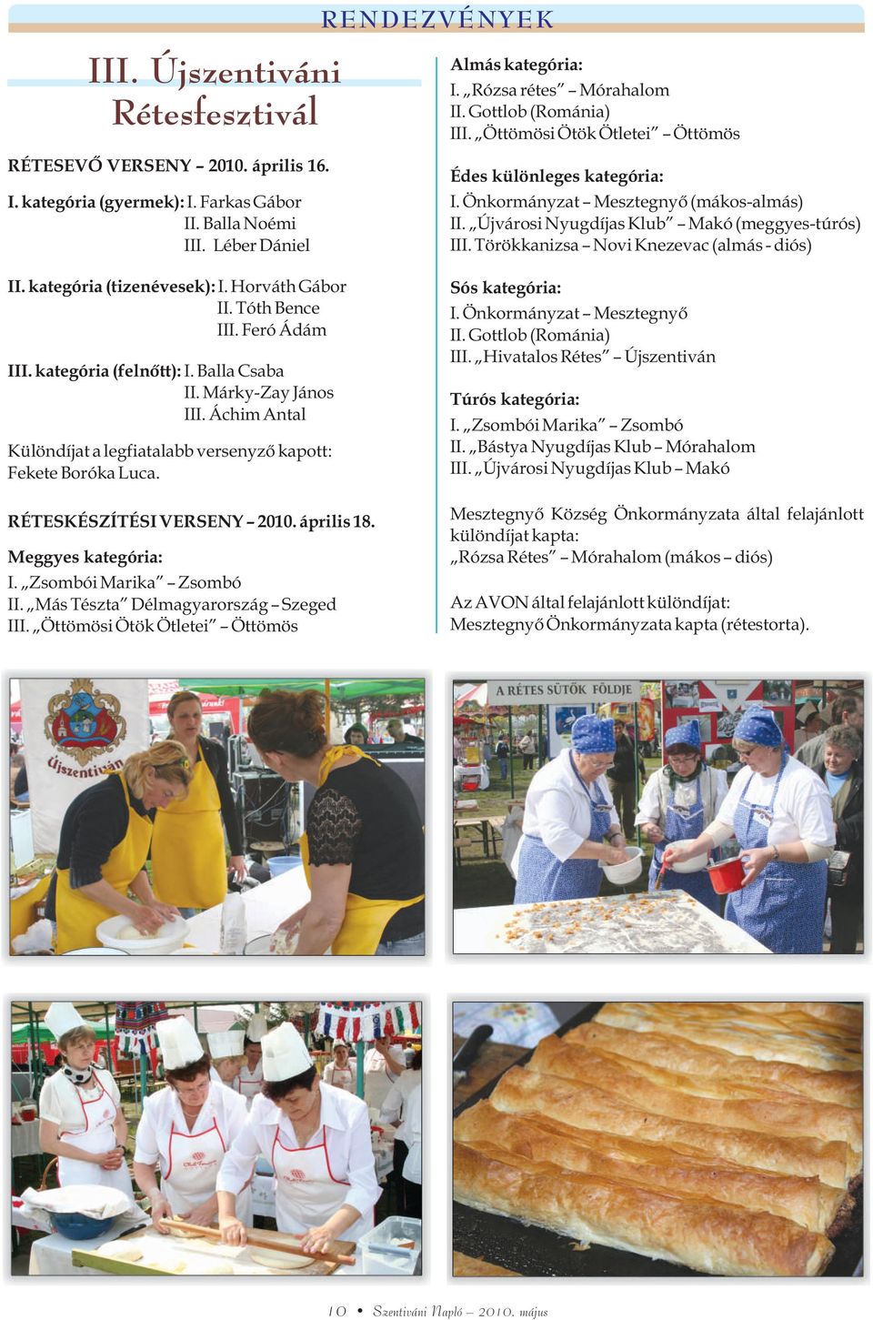 Meggyes kategória: III. Újszentiváni Rétesfesztivál I. Zsombói Marika Zsombó II. Más Tészta Délmagyarország Szeged III. Öttömösi Ötök Ötletei Öttömös Almás kategória: I. Rózsa rétes Mórahalom II.