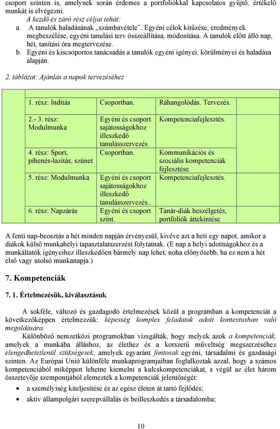 Egyéni és kiscsoportos tanácsadás a tanulók egyéni igényei, körülményei és haladása alapján. 2. táblázat: Ajánlás a napok tervezéséhez 1. rész: Indítás Csoportban. Ráhangolódás. Tervezés. 2.- 3.