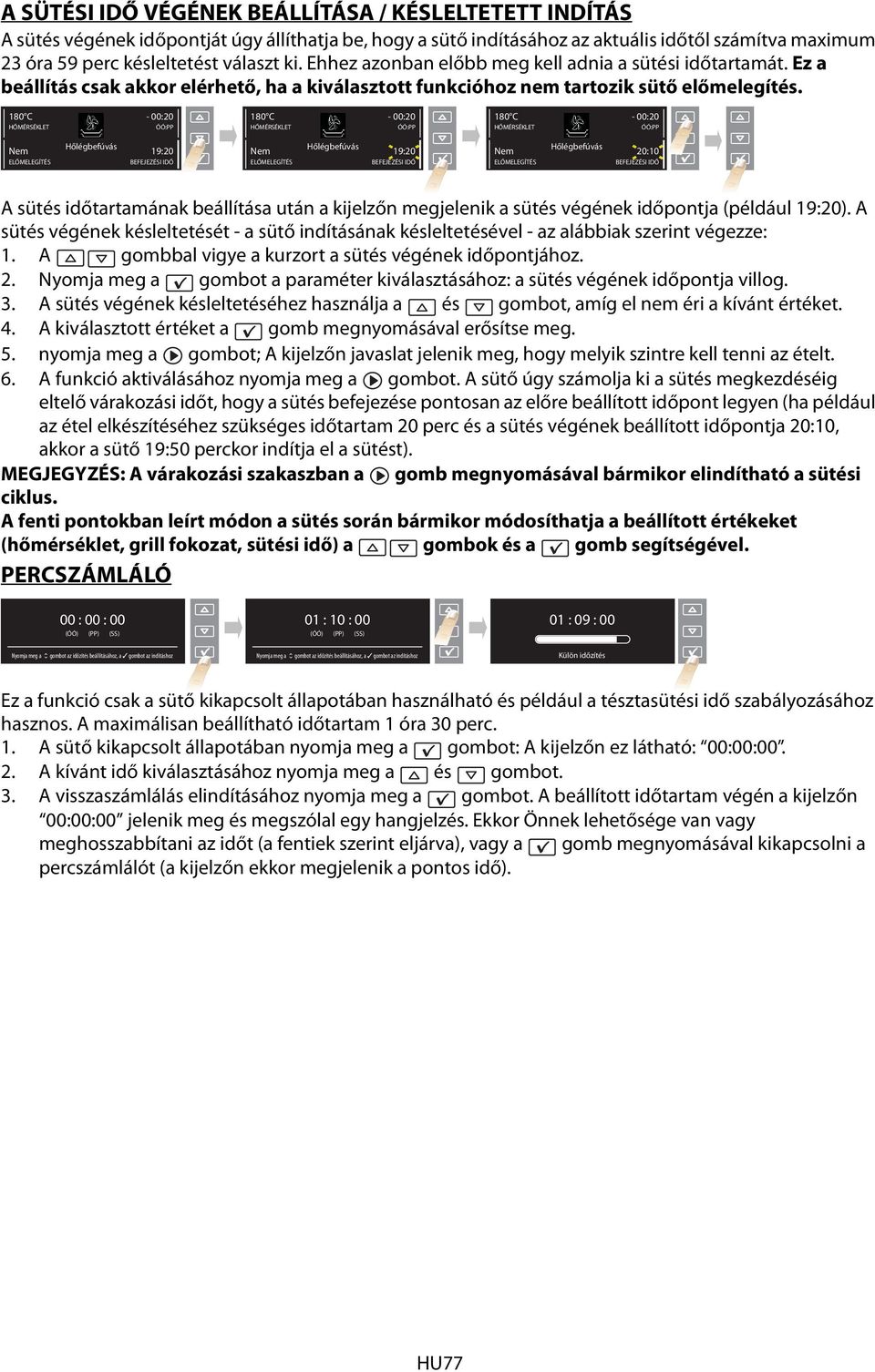 - 00:20 ÓÓ:PP - 00:20 ÓÓ:PP - 00:20 ÓÓ:PP Nem Hőlégbefúvás 19:20 Nem Hőlégbefúvás 19:20 Nem Hőlégbefúvás 20:10 A sütés időtartamának beállítása után a kijelzőn megjelenik a sütés végének időpontja