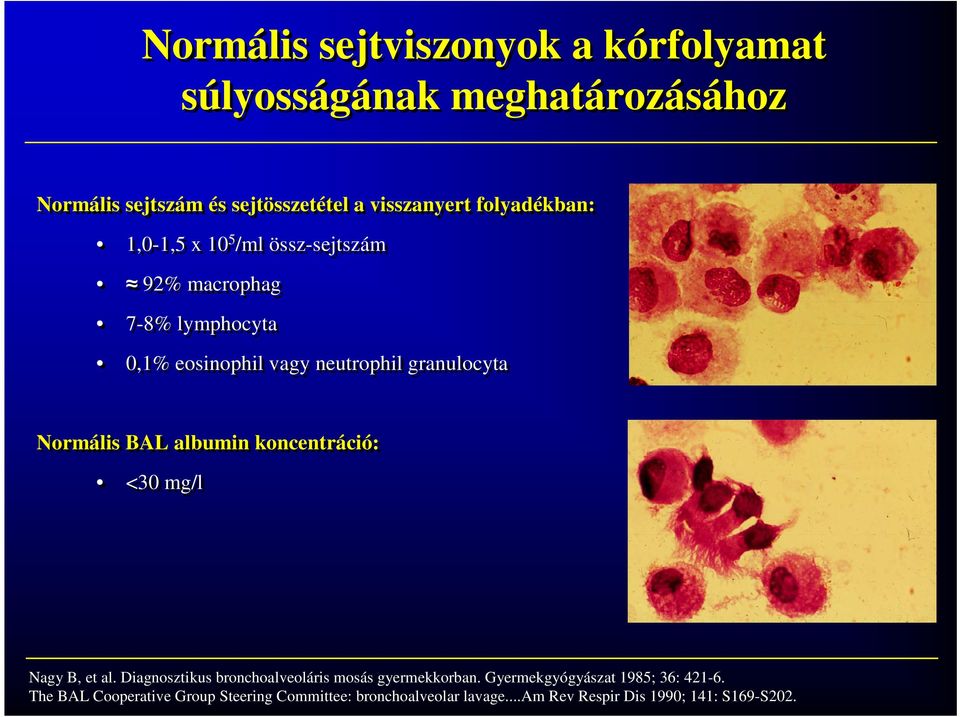 Normális BAL albumin koncentráció: <30 mg/l Nagy B, et al. Diagnosztikus bronchoalveoláris mosás gyermekkorban.