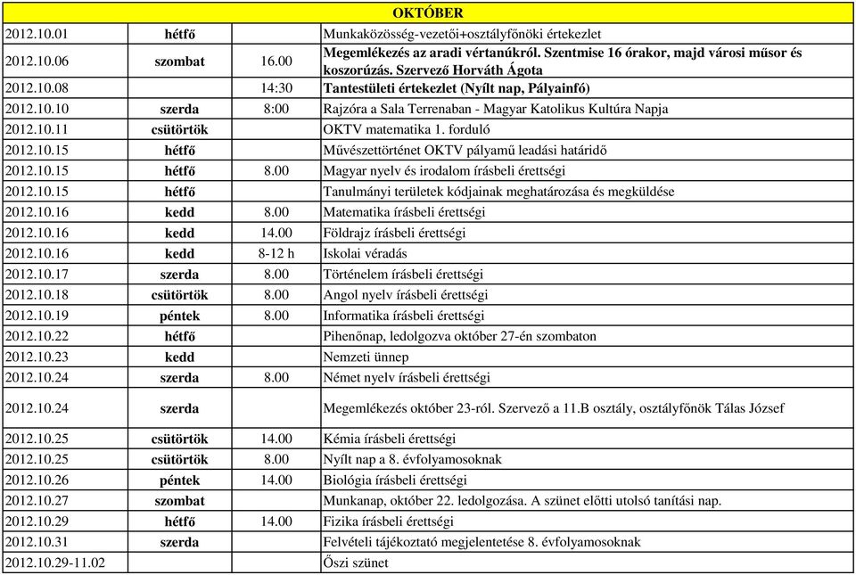 forduló 2012.10.15 hétfő Művészettörténet OKTV pályamű leadási határidő 2012.10.15 hétfő 8.00 Magyar nyelv és irodalom írásbeli érettségi 2012.10.15 hétfő Tanulmányi területek kódjainak meghatározása és megküldése 2012.