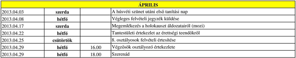 04.25 csütörtök 8. osztályosok felvételi értesítése 2013.04.29 hétfő 16.