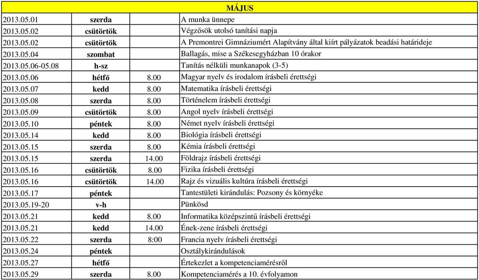 00 Történelem írásbeli érettségi 2013.05.09 csütörtök 8.00 Angol nyelv írásbeli érettségi 2013.05.10 péntek 8.00 Német nyelv írásbeli érettségi 2013.05.14 kedd 8.00 Biológia írásbeli érettségi 2013.