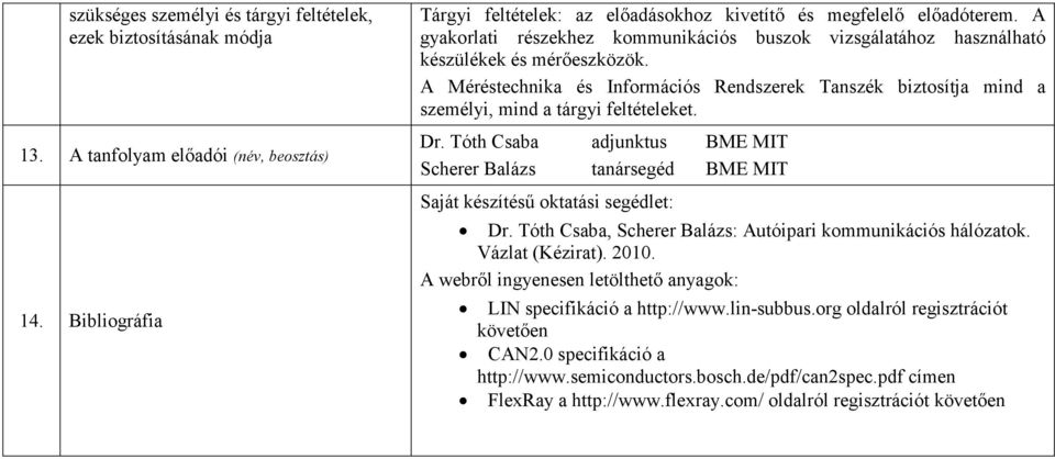 A Méréstechnika és Információs Rendszerek Tanszék biztosítja mind a személyi, mind a tárgyi feltételeket. Dr.