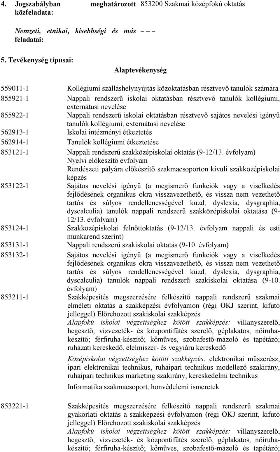 nevelése 855922-1 Nappali rendszerű iskolai oktatásban résztvevő sajátos nevelési igényű tanulók kollégiumi, externátusi nevelése 562913-1 Iskolai intézményi étkeztetés 562914-1 Tanulók kollégiumi
