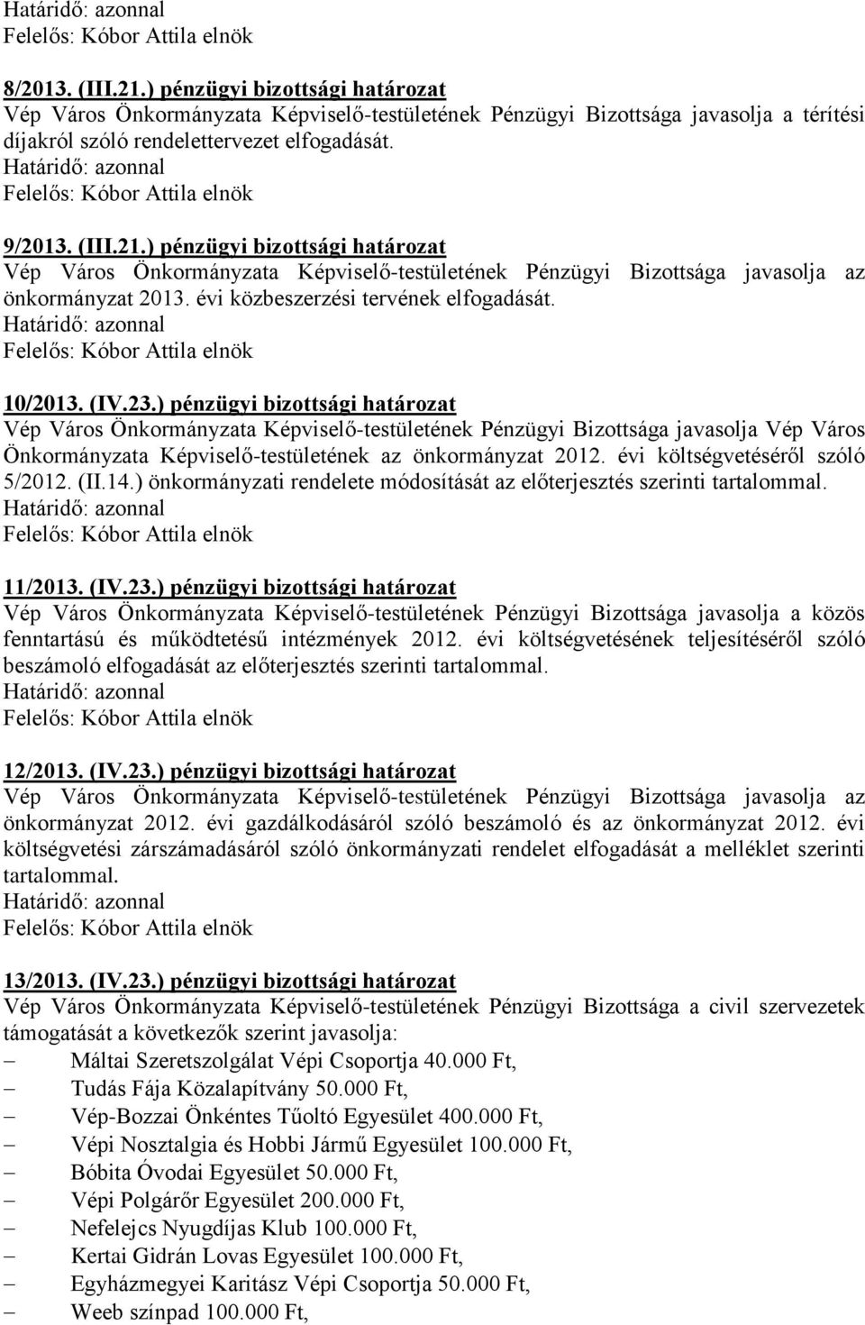 ) pénzügyi bizottsági határozat Vép Város Önkormányzata Képviselő-testületének Pénzügyi Bizottsága javasolja Vép Város Önkormányzata Képviselő-testületének az önkormányzat 2012.