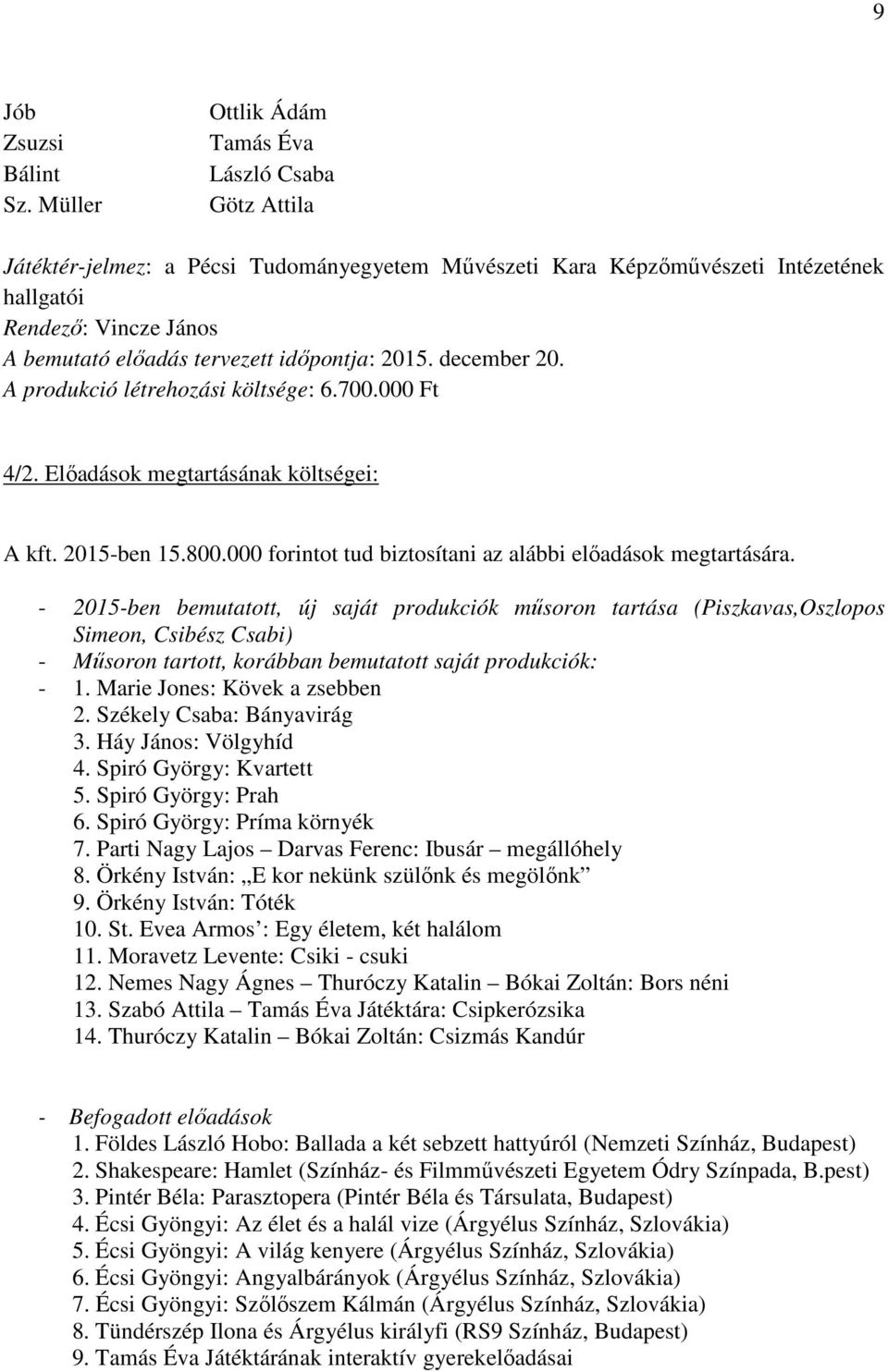 időpontja: 2015. december 20. A produkció létrehozási költsége: 6.700.000 Ft 4/2. Előadások megtartásának költségei: A kft. 2015-ben 15.800.