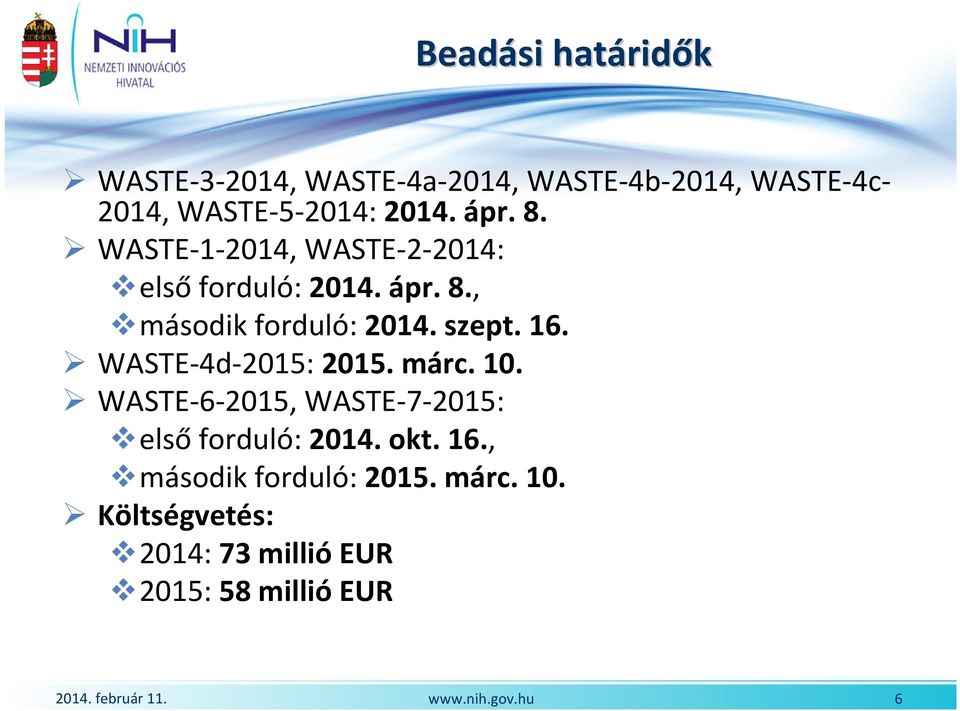 szept. 16. WASTE-4d-2015: 2015. márc. 10. WASTE-6-2015, WASTE-7-2015: elsőforduló: 2014. okt.