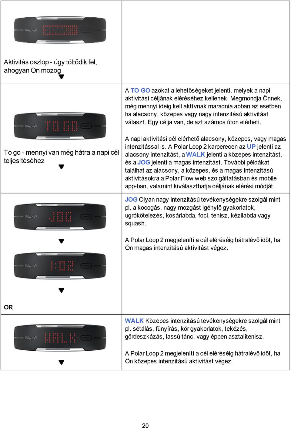 To go - mennyi van még hátra a napi cé tejesítéséhez A napi aktivitási cé eérhető aacsony, közepes,vagy magas intenzitássa is.