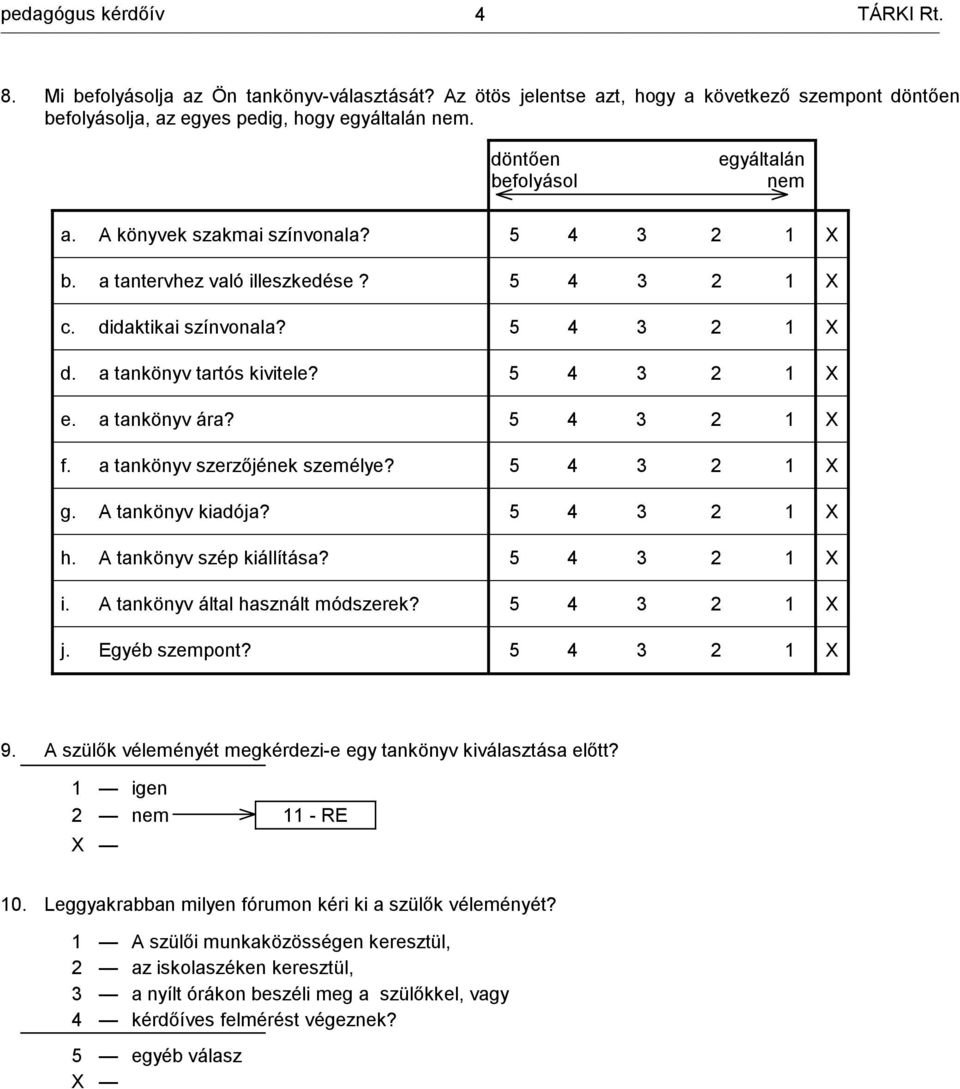 5 4 3 2 1 X f. a tankönyv szerzőjének személye? 5 4 3 2 1 X g. A tankönyv kiadója? 5 4 3 2 1 X h. A tankönyv szép kiállítása? 5 4 3 2 1 X i. A tankönyv által használt módszerek? 5 4 3 2 1 X j.