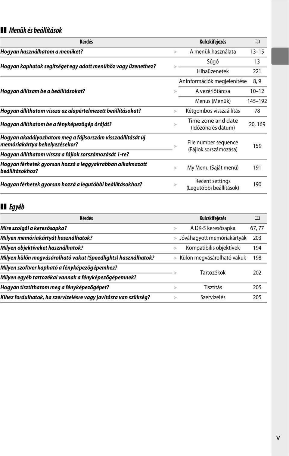 Kétgombos visszaállítás 78 Hogyan állíthatom be a fényképezőgép óráját? Hogyan akadályozhatom meg a fájlsorszám visszaállítását új memóriakártya behelyezésekor?