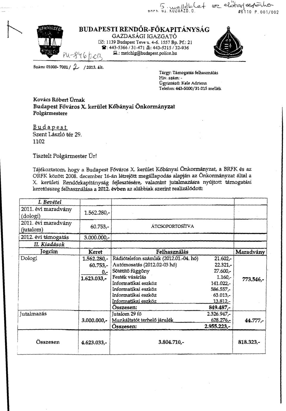 kerüet Kőbányai Önkormányzat Pogármeatere Budapest Szent Lászó tér 29. 1102 Tisztet Pogármester Úr! Tárgy: Támogatás fehasznáás Hiv.