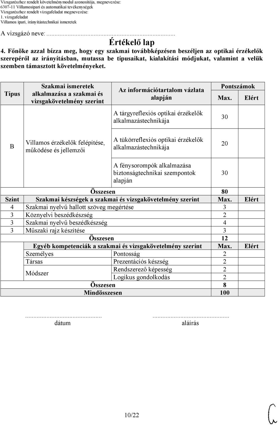 követelményeket. Típus Szakmai ismeretek alkalmazása a szakmai és vizsgakövetelmény szerint Az információtartalom vázlata alapján Pontszámok Max.