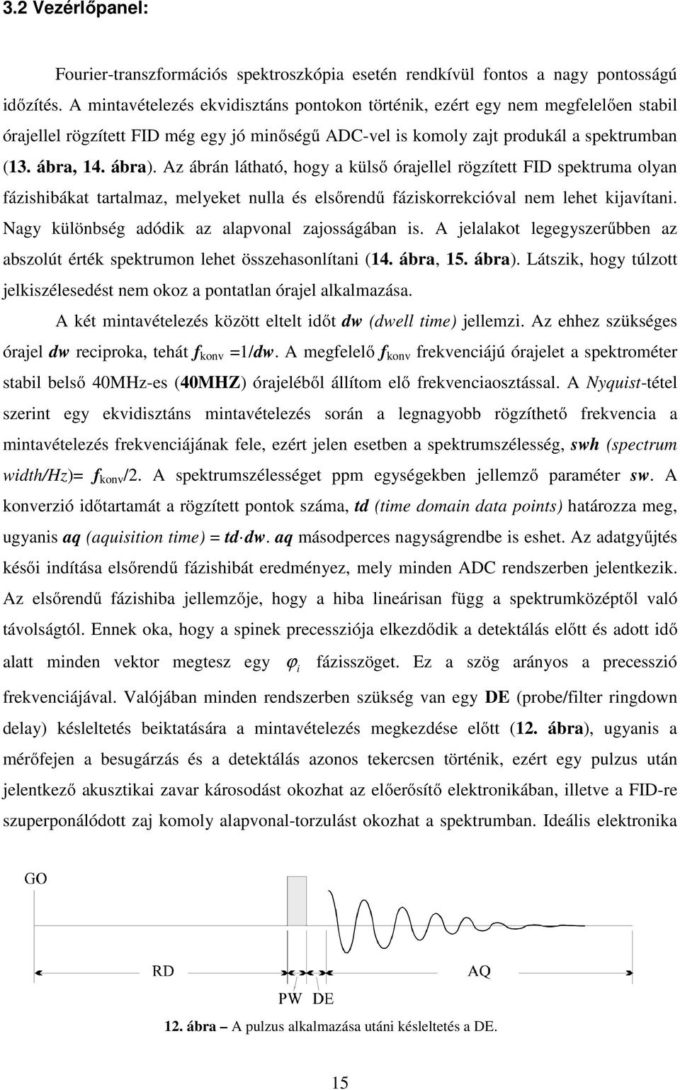 Az ábrán látható, hogy a külső órajellel rögzített FID spektruma olyan fázishibákat tartalmaz, melyeket nulla és elsőrendű fáziskorrekcióval nem lehet kijavítani.