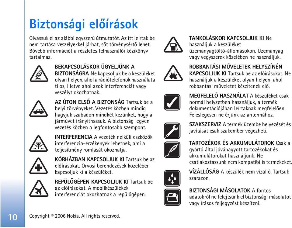 BEKAPCSOLÁSKOR ÜGYELJÜNK A BIZTONSÁGRA Ne kapcsoljuk be a készüléket olyan helyen, ahol a rádiótelefonok használata tilos, illetve ahol azok interferenciát vagy veszélyt okozhatnak.