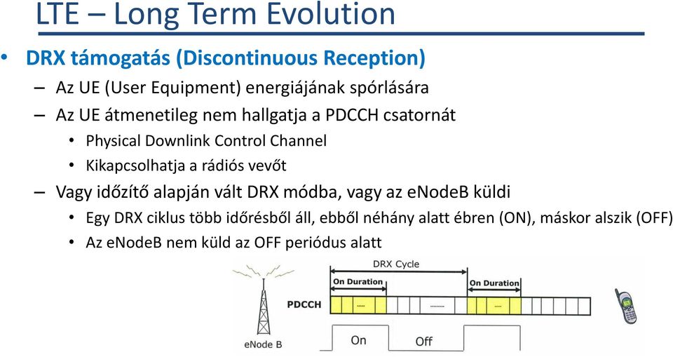 Kikapcsolhatja a rádiós vevőt Vagy időzítő alapján vált DRX módba, vagy az enodeb küldi Egy DRX ciklus