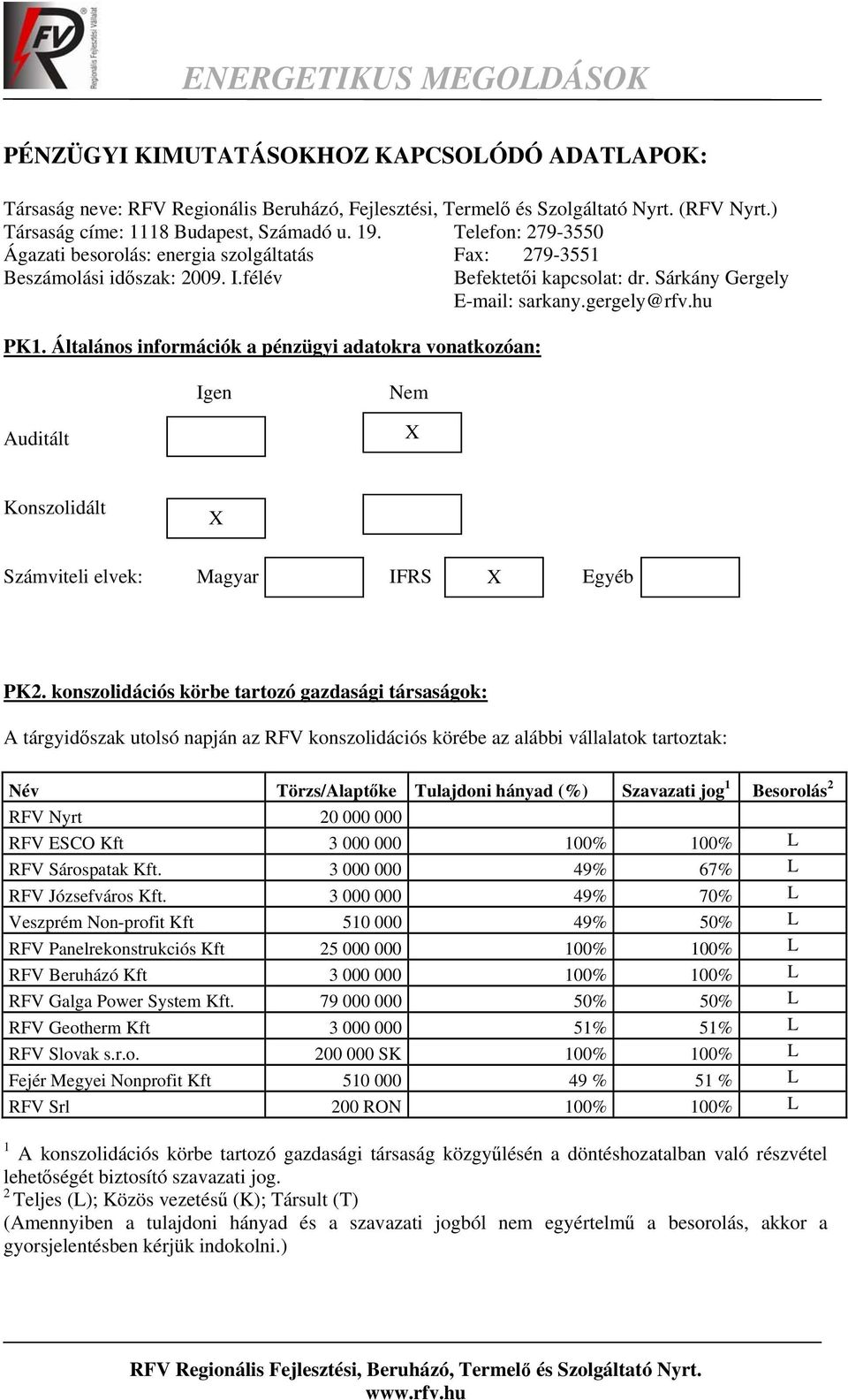 Általános információk a pénzügyi adatokra vonatkozóan: Igen Nem Auditált X Konszolidált X Számviteli elvek: Magyar IFRS X Egyéb PK2.