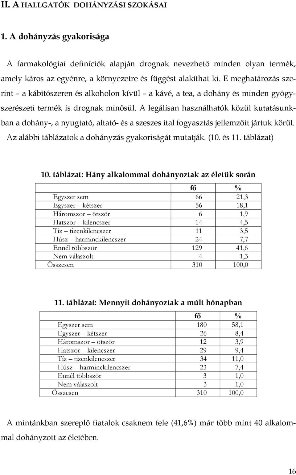 A legálisan használhatók közül kutatásunkban a dohány-, a nyugtató, altató- és a szeszes ital fogyasztás jellemzıit jártuk körül. Az alábbi táblázatok a dohányzás gyakoriságát mutatják. (10. és 11.