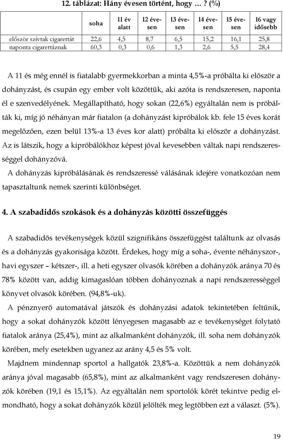 ennél is fiatalabb gyermekkorban a minta 4,5%-a próbálta ki elıször a dohányzást, és csupán egy ember volt közöttük, aki azóta is rendszeresen, naponta él e szenvedélyének.