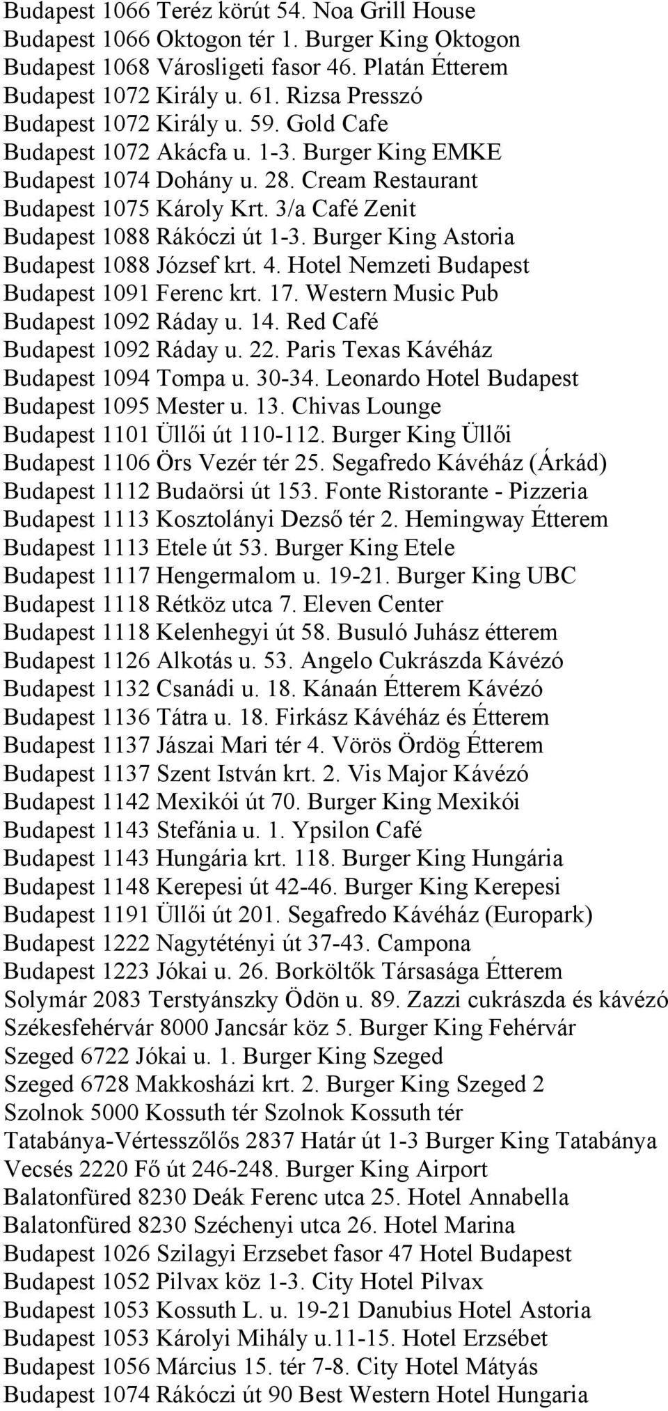 3/a Café Zenit Budapest 1088 Rákóczi út 1-3. Burger King Astoria Budapest 1088 József krt. 4. Hotel Nemzeti Budapest Budapest 1091 Ferenc krt. 17. Western Music Pub Budapest 1092 Ráday u. 14.