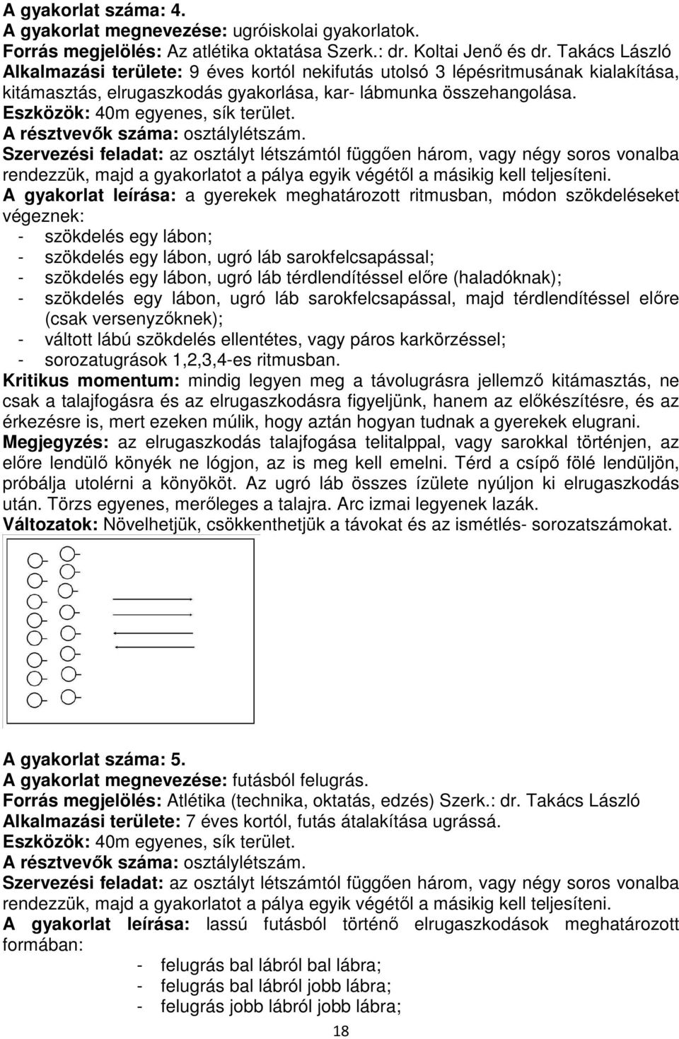 Eszközök: 40m egyenes, sík terület. Szervezési feladat: az osztályt létszámtól függően három, vagy négy soros vonalba rendezzük, majd a gyakorlatot a pálya egyik végétől a másikig kell teljesíteni.