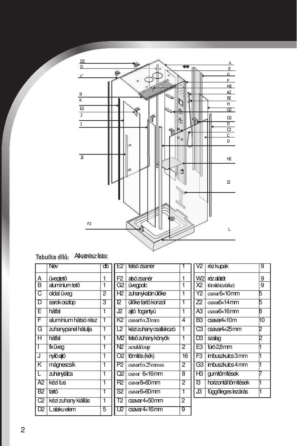alumínium hátsó rész 1 K2 csavar 6 x 20 mm 4 B3 csavar4 10 m 10 G zuhanypanel hátulja 1 L2 kézi zuhany csatlakozó 1 C3 csavar4 25 mm 2 H hátfal 1 M2 felső zuhany könyök 1 D3 szalag 2 I fix üveg 1 N2