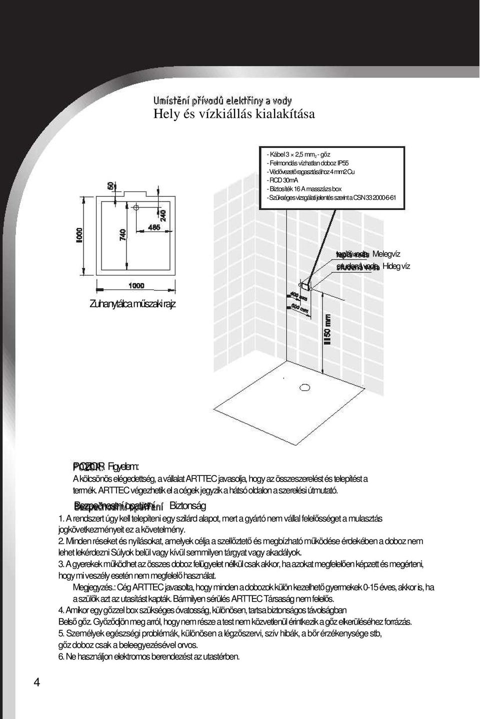 telepítést a termék. ARTTEC végezhetik el a cégek jegyzik a hátsó oldalon a szerelési útmutató. Bezpečnostní opatření Biztonság 1.