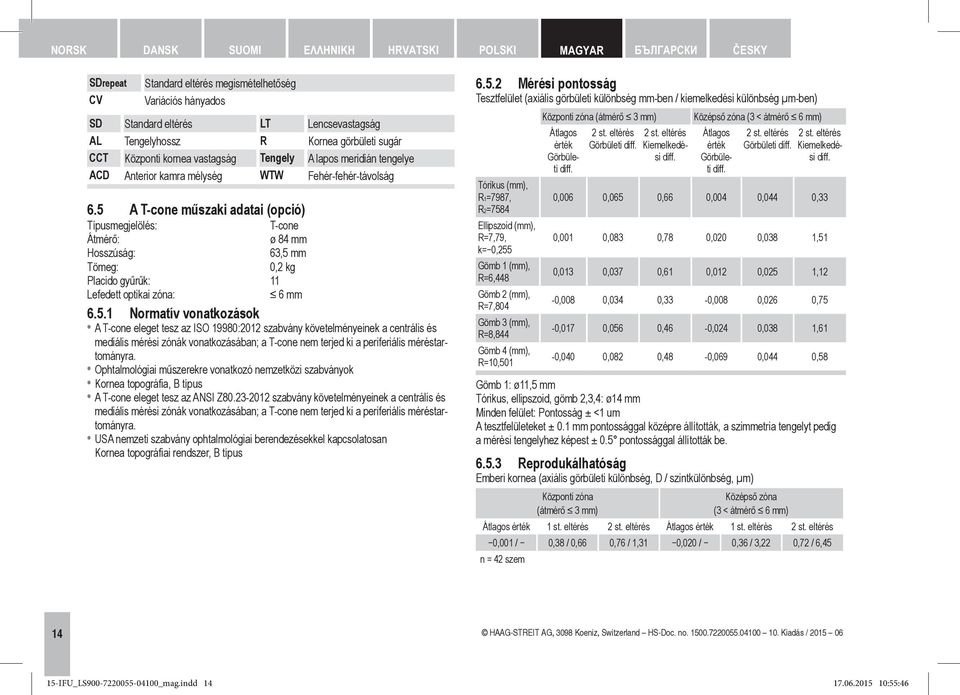 5 A T-cone műszaki adatai (opció) Típusmegjelölés: T-cone Átmérő: ø 84 mm Hosszúság: 63,5 mm Tömeg: 0,2 kg Placido gyűrűk: 11 Lefedett optikai zóna: 6 mm 6.5.1 Normatív vonatkozások A T-cone eleget tesz az ISO 19980:2012 szabvány követelményeinek a centrális és mediális mérési zónák vonatkozásában; a T-cone nem terjed ki a periferiális méréstartományra.