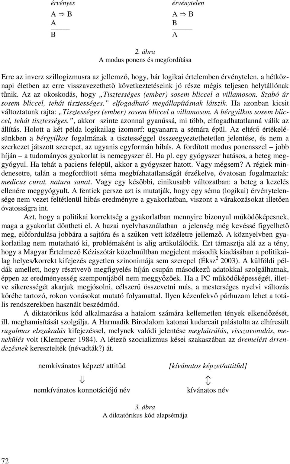 teljesen helytállónak tőnik. Az az okoskodás, hogy Tisztességes (ember) sosem bliccel a villamoson. Szabó úr sosem bliccel, tehát tisztességes. elfogadható megállapításnak látszik.