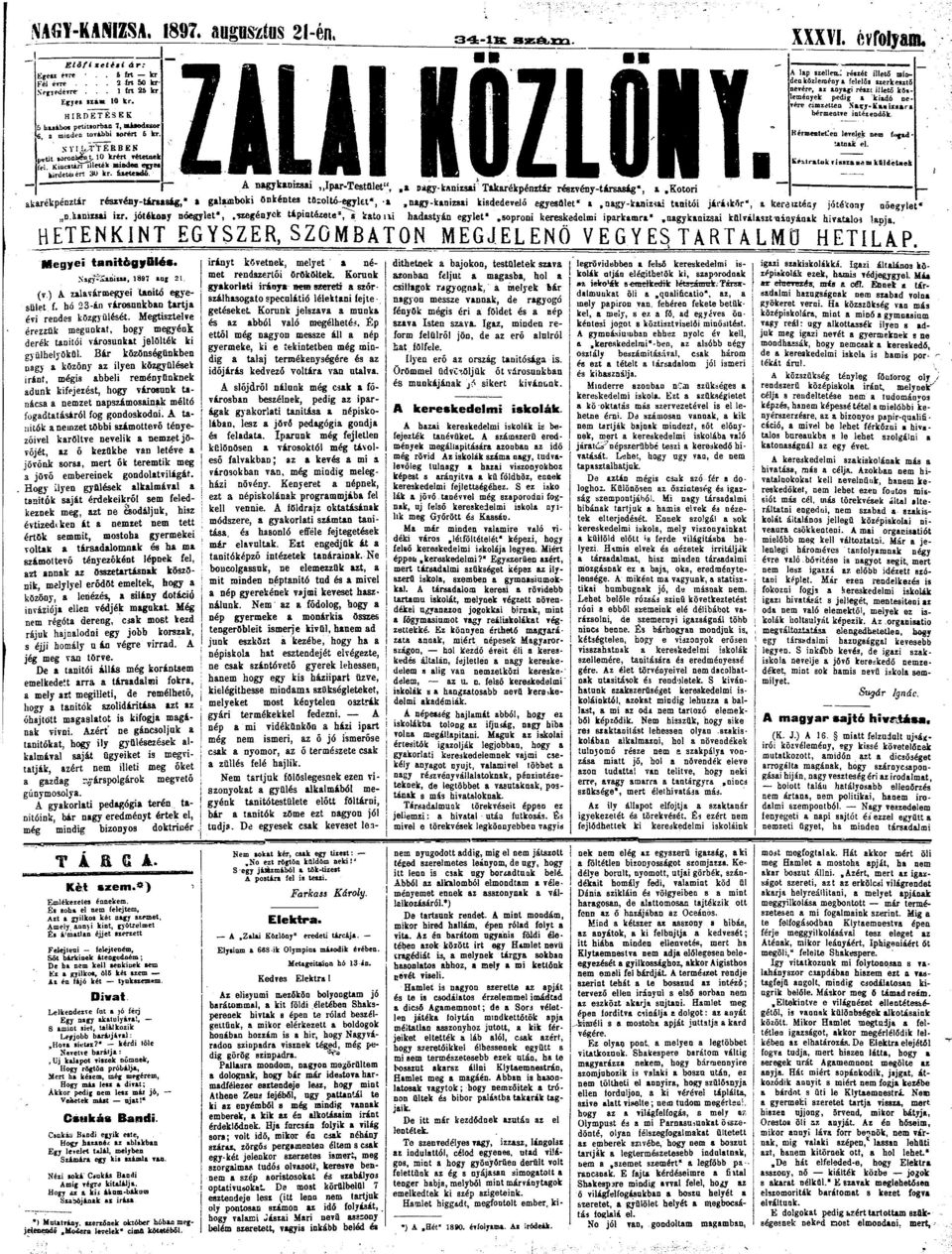JTére címetten Ktjy-Knisár HIRDETÉSEK bérmentve intéendő* & hsábt petitsrbn 7, mád**r i miuén tvábbi trért & kr. Bementeden levelek nem FOGADttn* el.