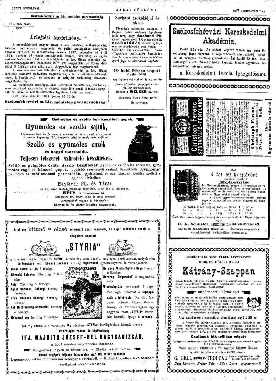 któber bő végéig sokséglendó kenyér, tkrmány és egyéb cikkek bi'.si.ts iránt sékesfehérvári m. kir. állmi méntelep prncsnkságsámvivó irdájábn 1897.