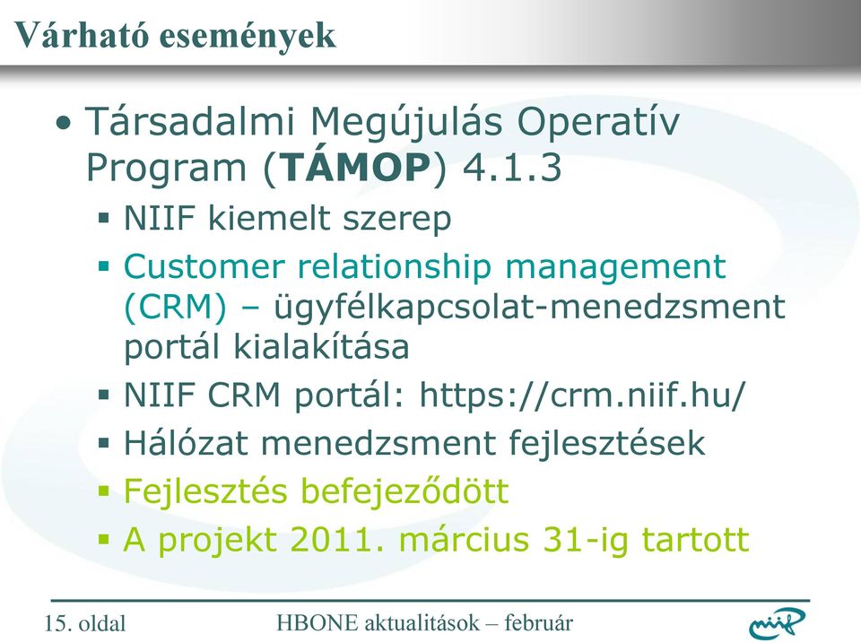ügyfélkapcsolat-menedzsment portál kialakítása NIIF CRM portál: https://crm.