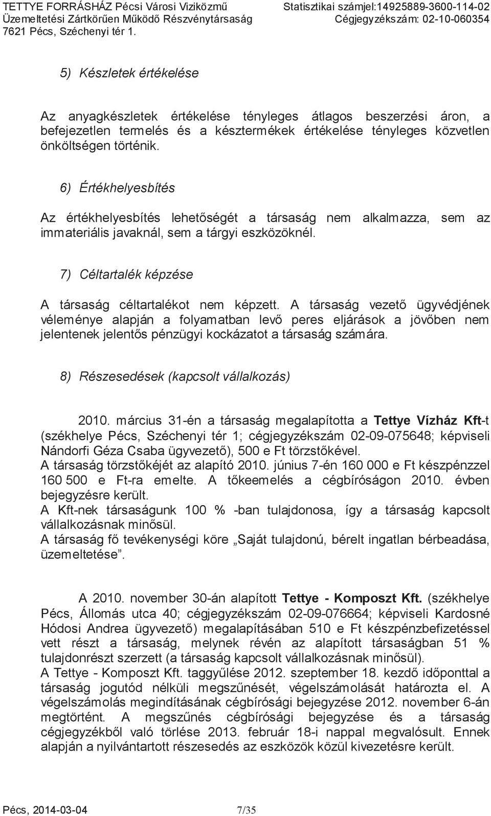 A társaság vezet ügyvédjének véleménye alapján a folyamatban lev peres eljárások a jövben nem jelentenek jelents pénzügyi kockázatot a társaság számára. 8) Részesedések (kapcsolt vállalkozás) 2010.