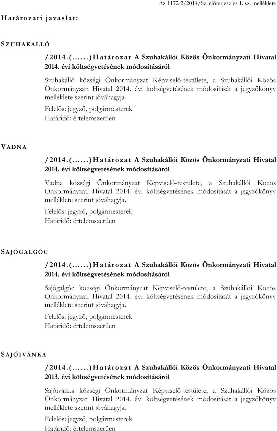 évi költségvetésének módosításáról Vadna községi Önkormányzat Képviselő-testülete, a Szuhakállói Közös S A J Ó G A L G Ó C 2014.