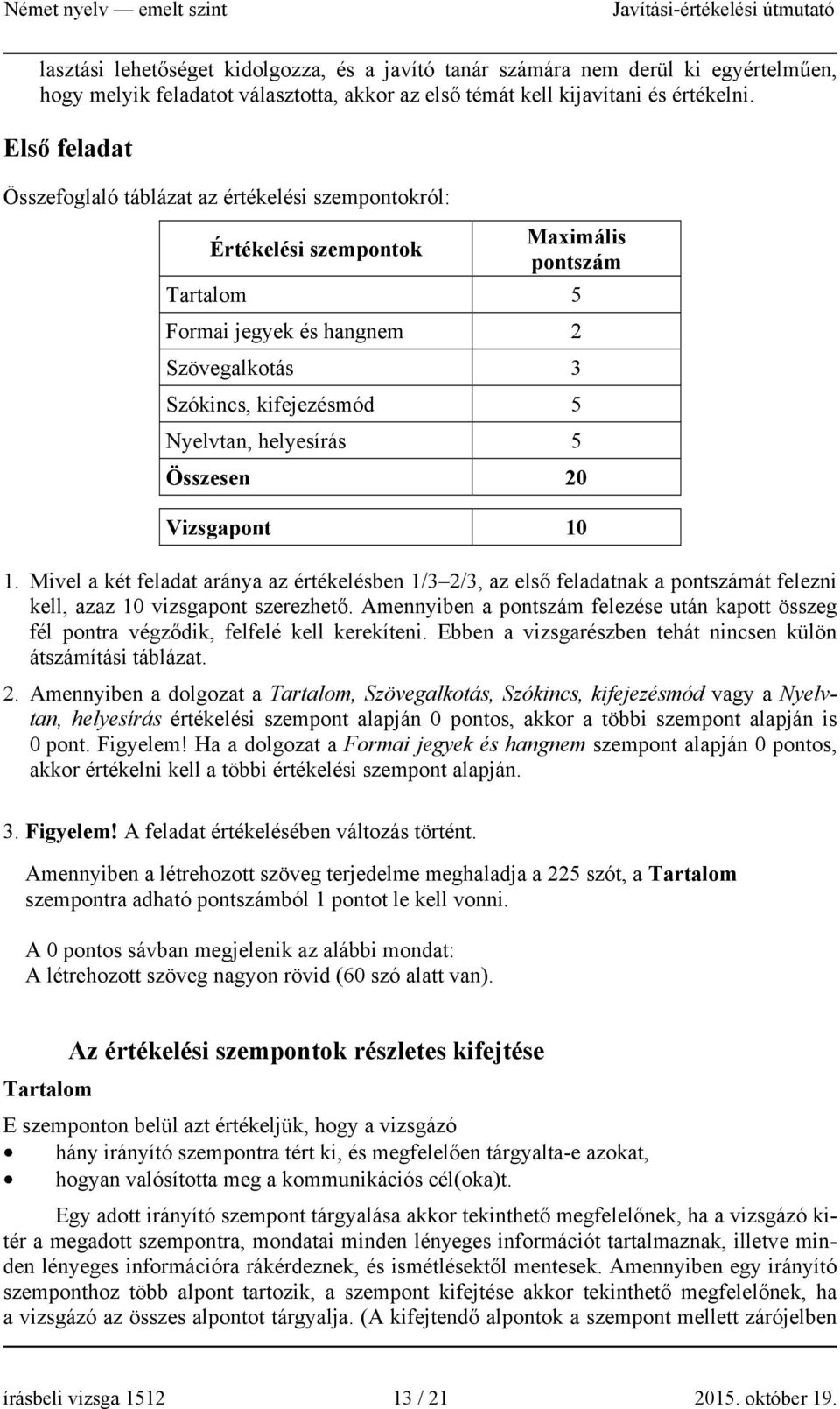 helyesírás 5 Összesen 20 Vizsgapont 10 1. Mivel a két feladat aránya az értékelésben 1/3 2/3, az első feladatnak a pontszámát felezni kell, azaz 10 vizsgapont szerezhető.