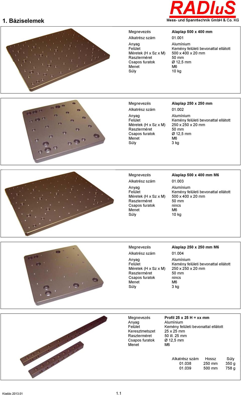 002 250 x 250 x 20 mm 50 mm Ø 12,5 mm 3 kg Raszterméret Csapos furatok Alaplap 500 x 400 mm 01.